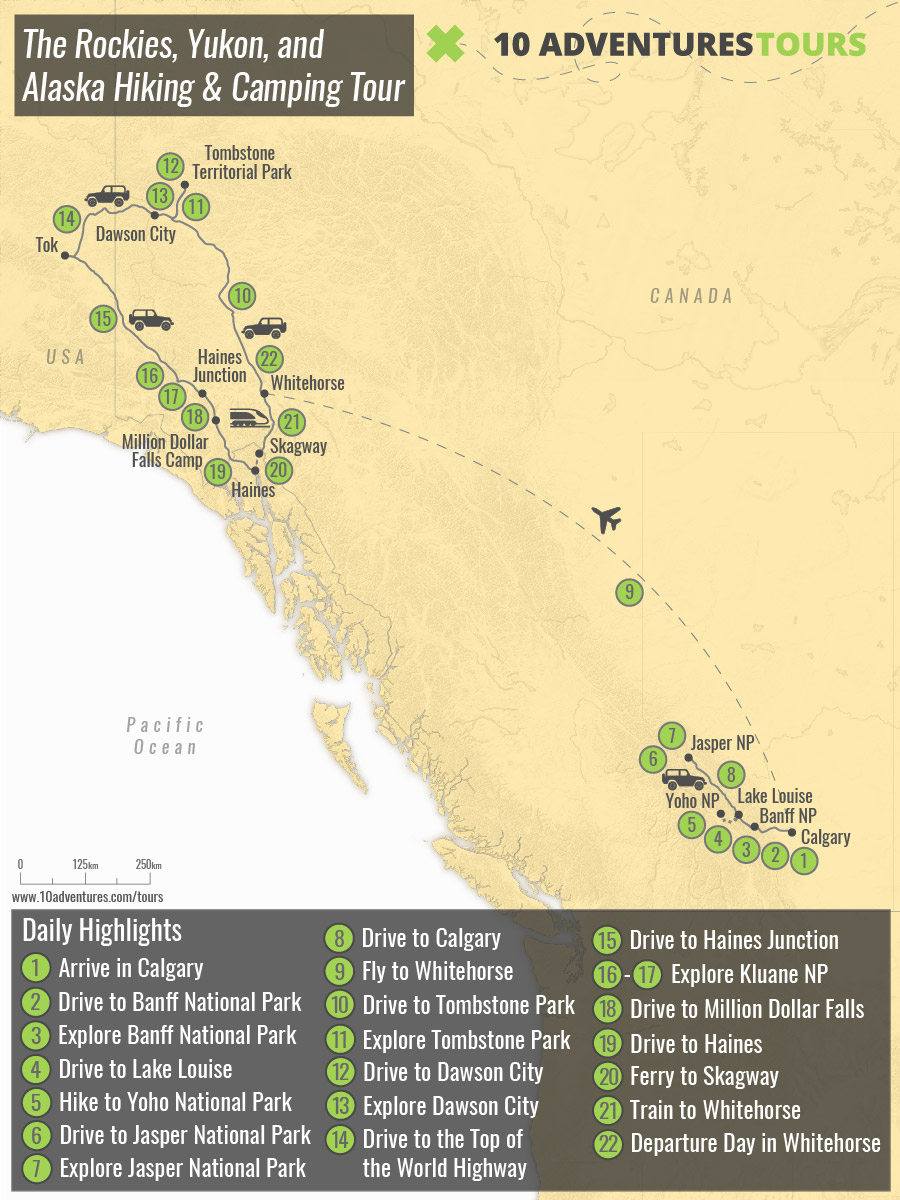 Map of The Rockies, Yukon, and Alaska Hiking & Camping Tour