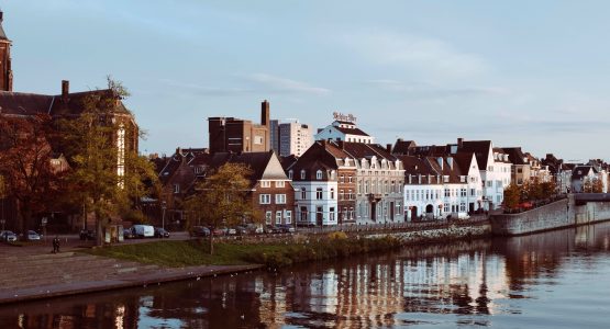 Beautiful houses along the channel in Limburg, Netherlands