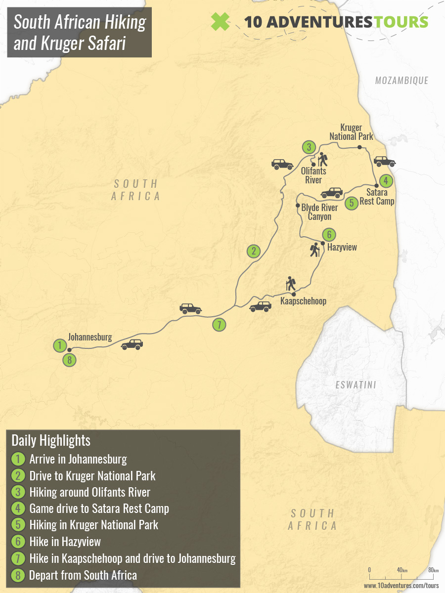 Map of South African Hiking and Kruger Safari Tour
