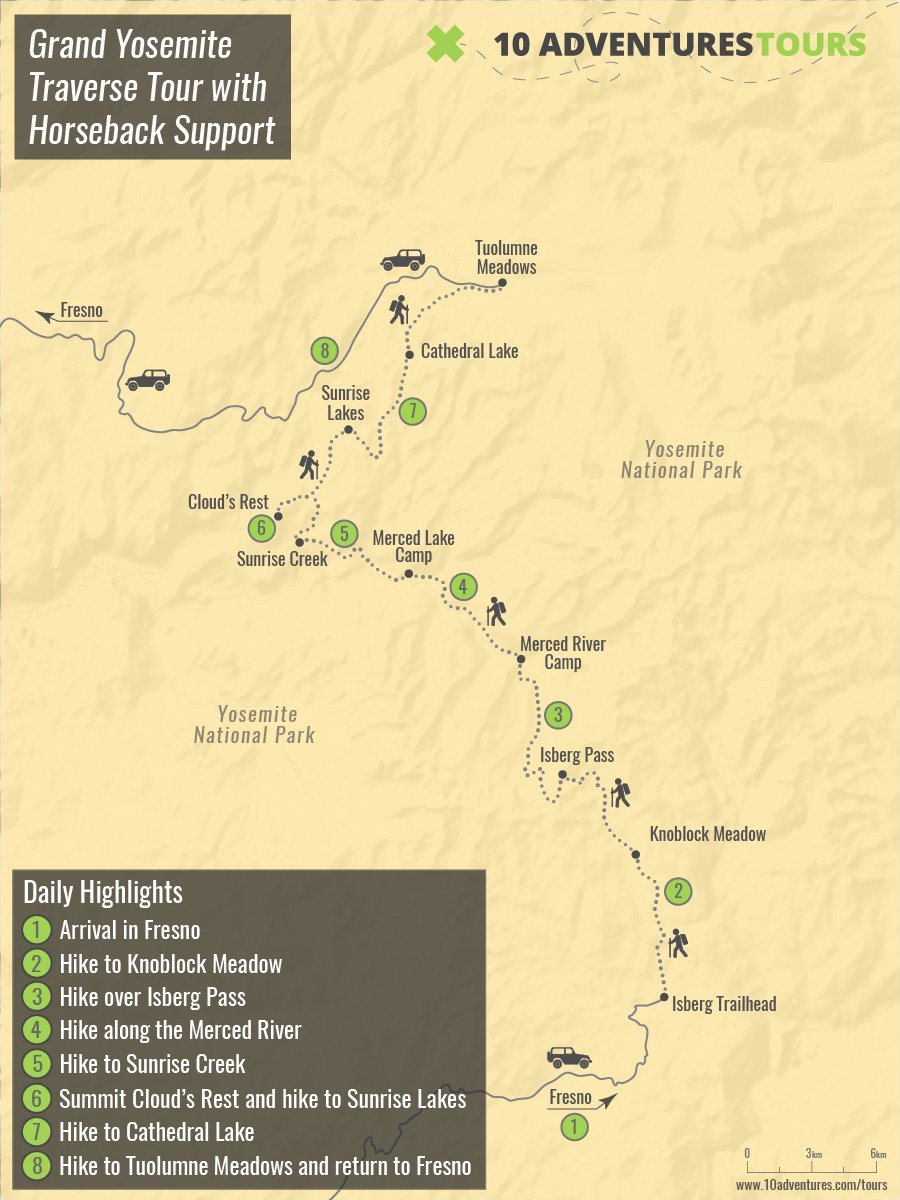 Map of Grand Yosemite Traverse Tour with Horseback Support