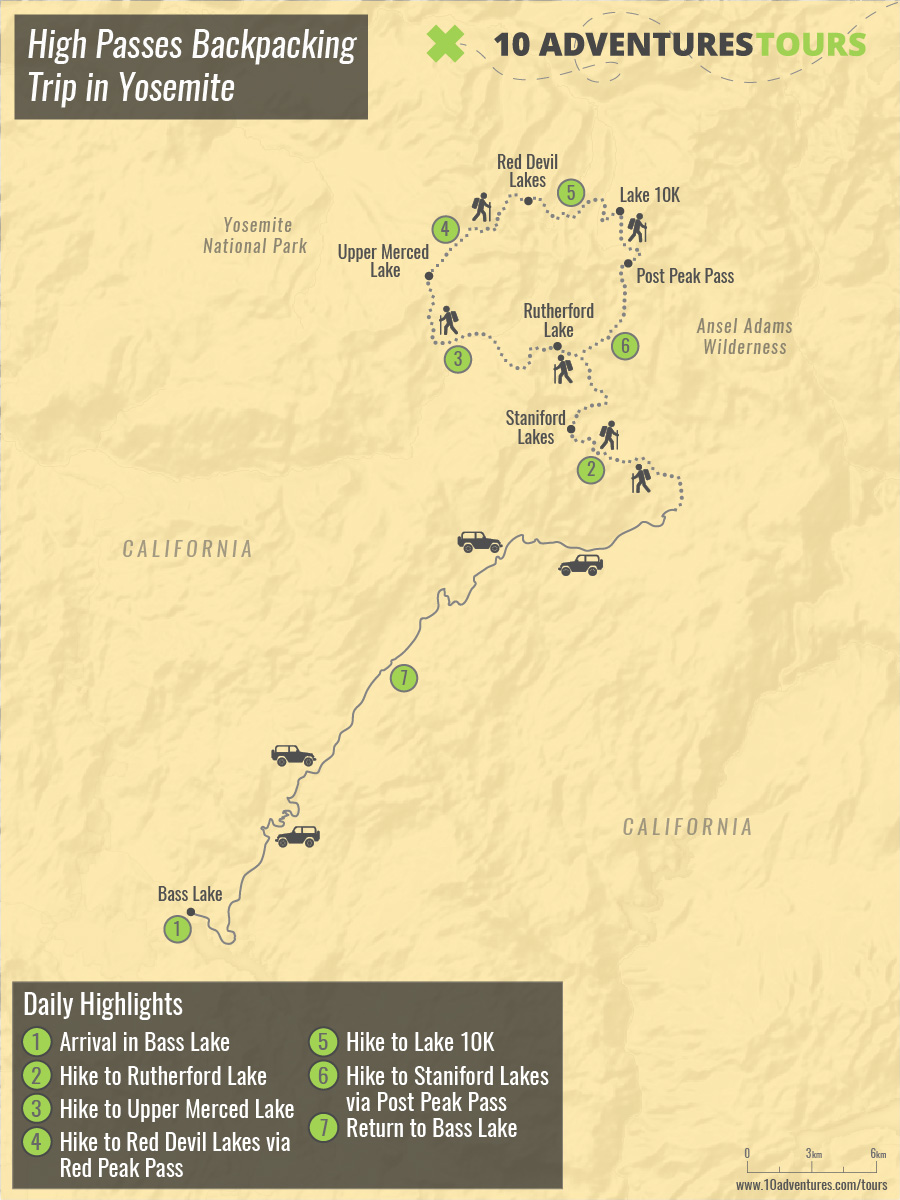 Map of High Passes Backpacking Trip in Yosemite