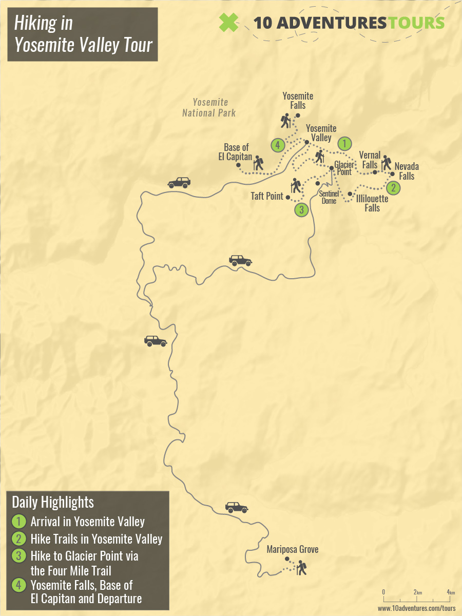 Map of Hiking in Yosemite Valley Tour