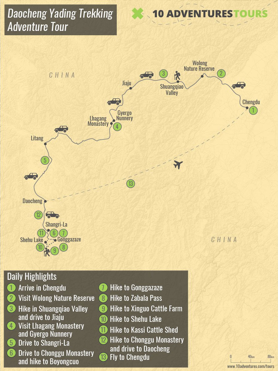 Map of Daocheng Yading Trekking Adventure Tour in China