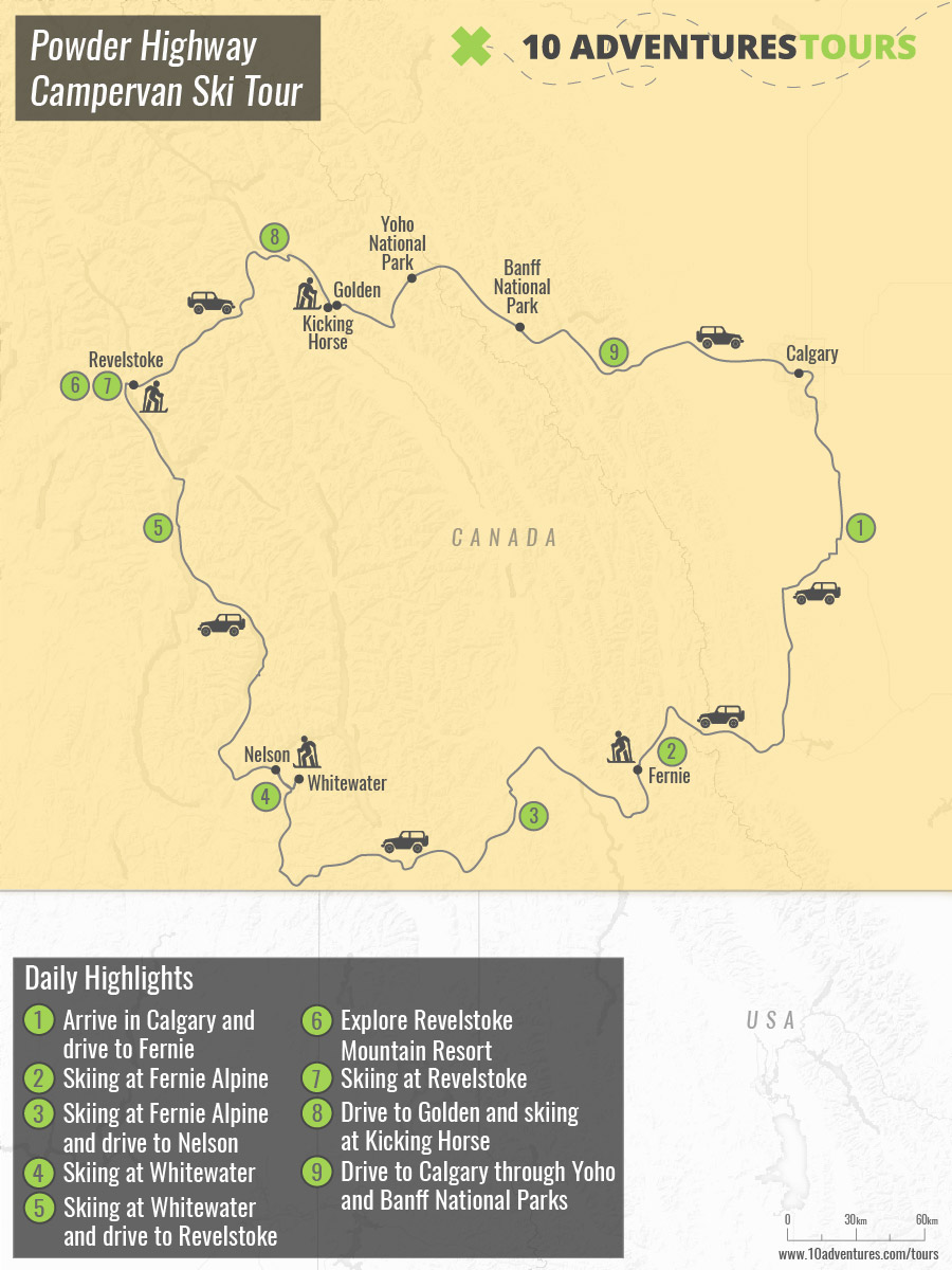 Map of guided Powder Highway Campervan Ski Tour in Canadian Rockies