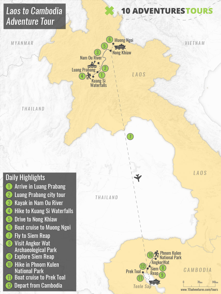 Map of Laos to Cambodia Adventure Tour