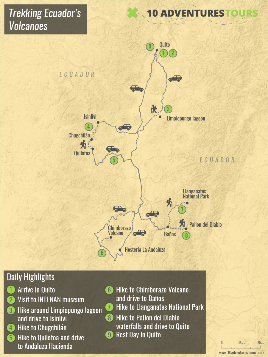 Map of Trekking Ecuador’s Volcanoes tour in Ecuador