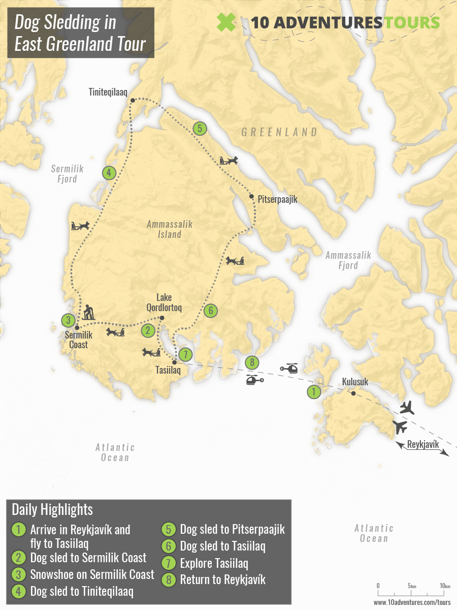 Map of Dog Sledding in East Greenland Tour
