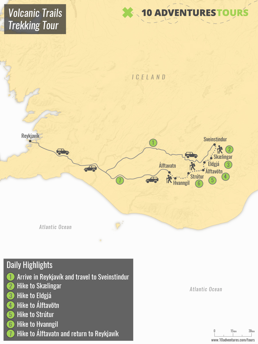 Map of Volcanic Trails Trekking Tour in Iceland