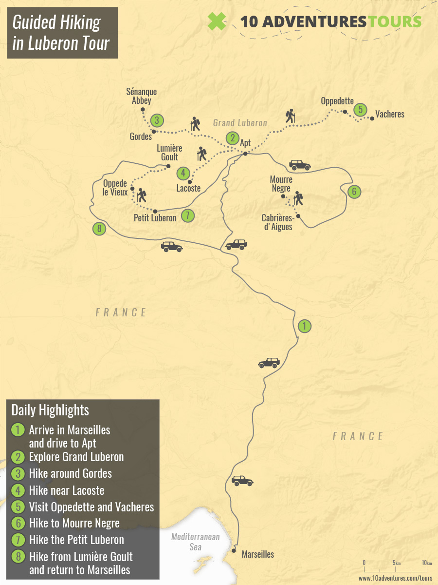 Map of Guided Hiking in Luberon Tour in France