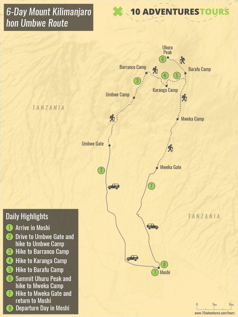 Map of 6-Day Mount Kilimanjaro on Umbwe Route in Tanzania