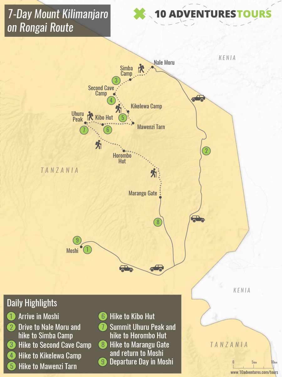 Map of 7-Day Mount Kilimanjaro on Rongai Route in Tanzania
