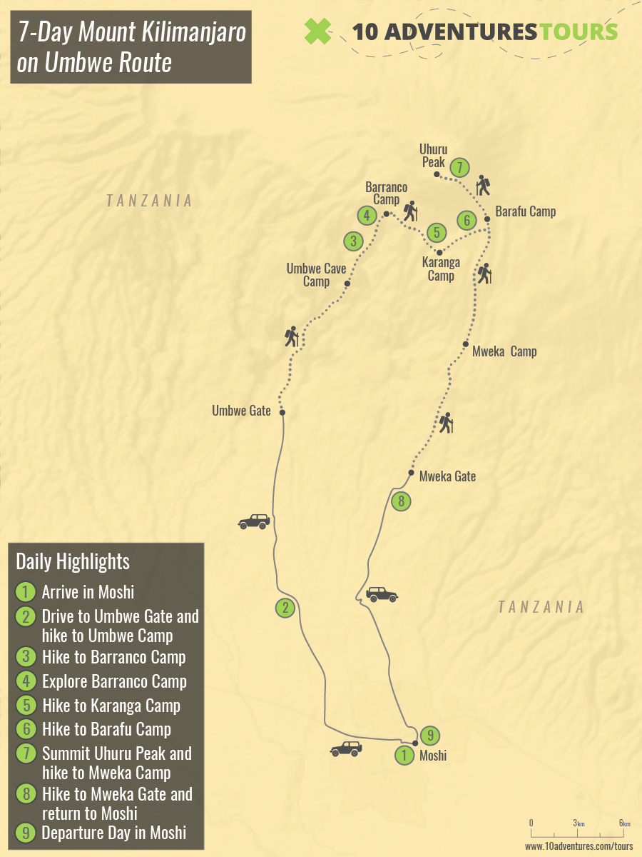 Map of 7-Day Mount Kilimanjaro on Umbwe Route in Tanzania
