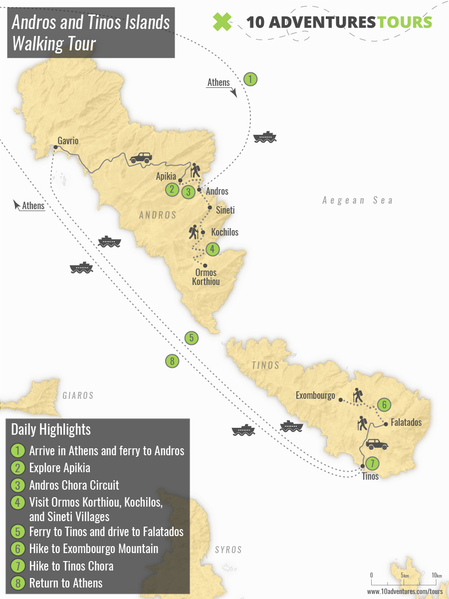 Map of Andros and Tinos Islands Walking Tour