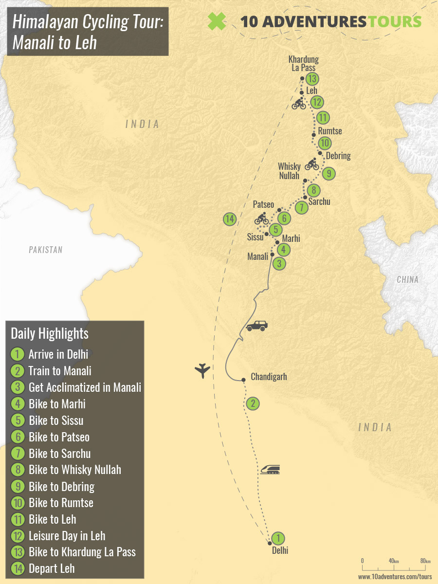 Map of Himalayan Cycling Tour: Manali to Leh