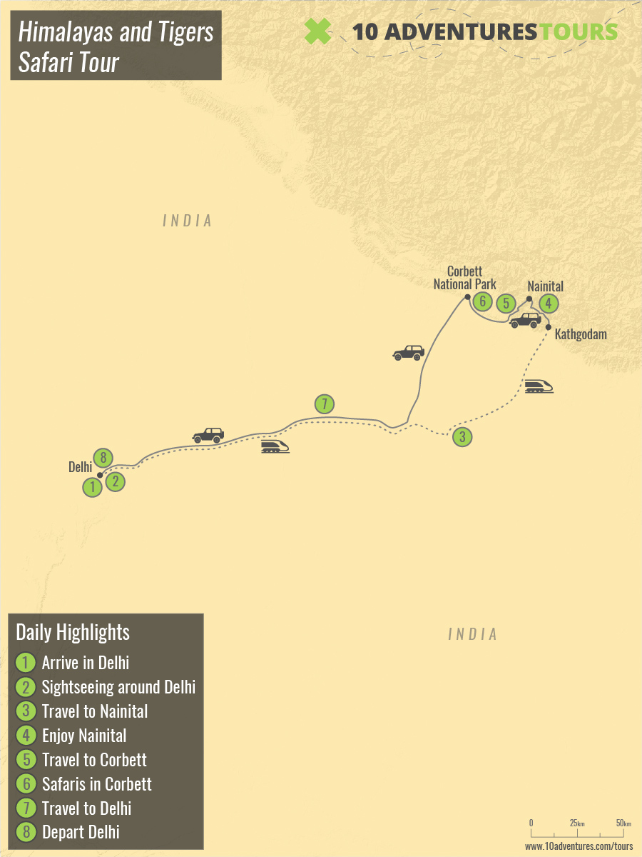 Map of Himalayas and Tigers Safari Tour