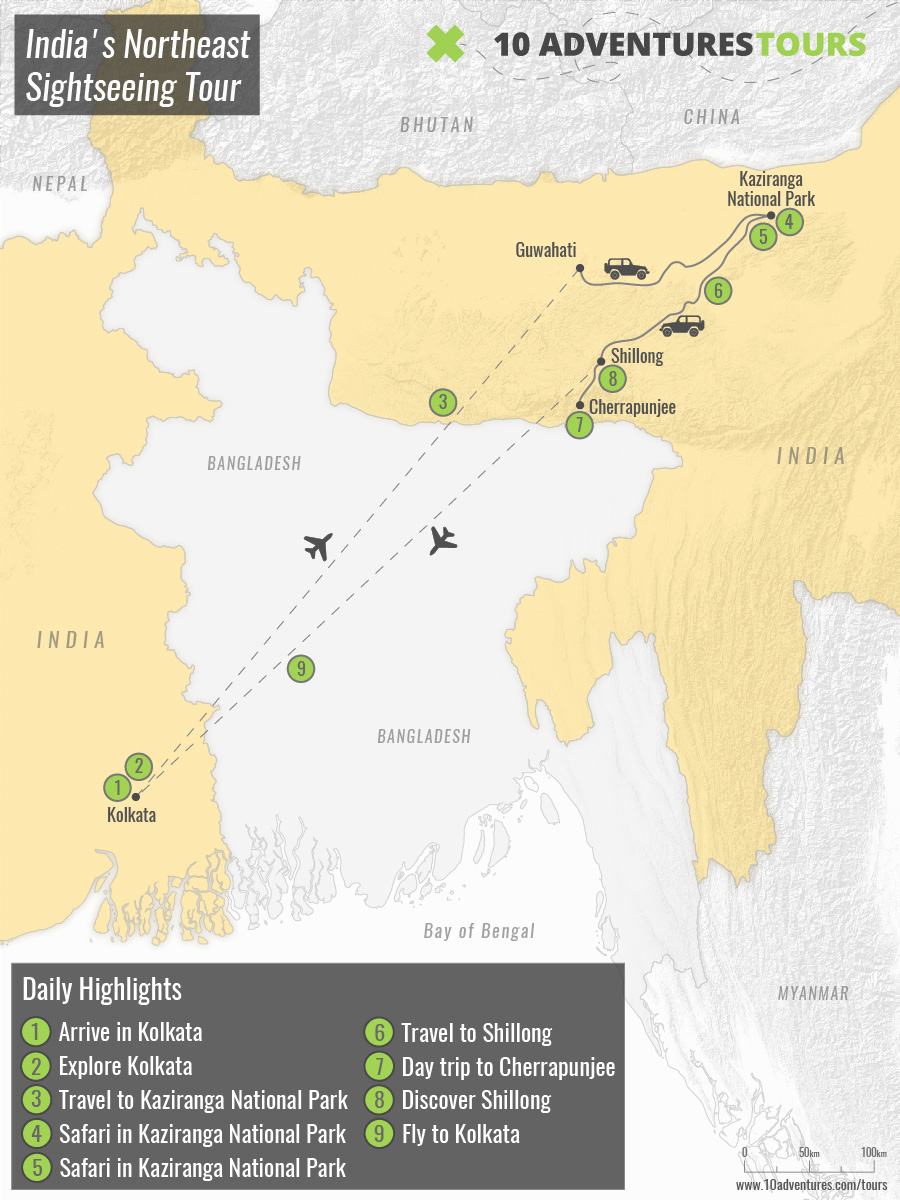 Map of India's Northeast Sightseeing Tour