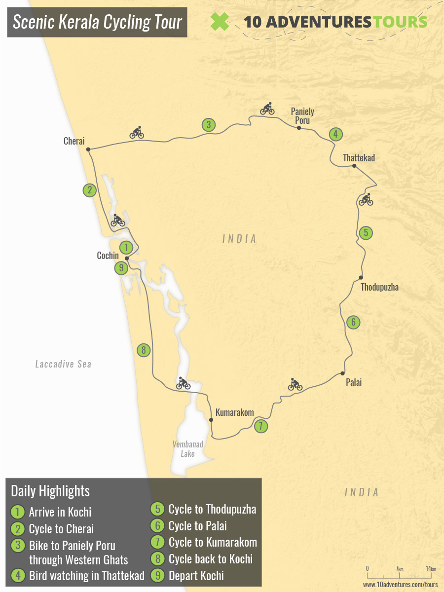 Map of Scenic Kerala Cycling Tour