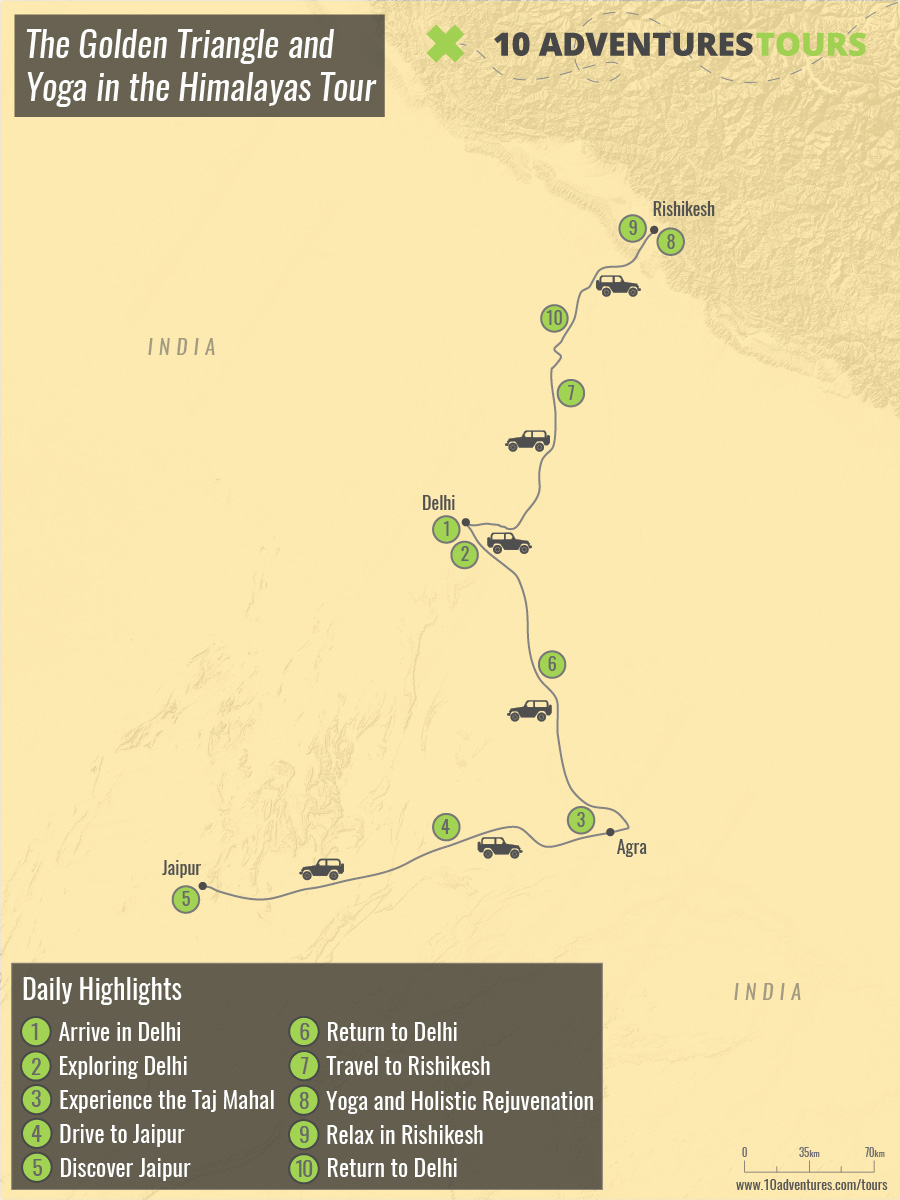 Map of The Golden Triangle and Yoga in the Himalayas Tour