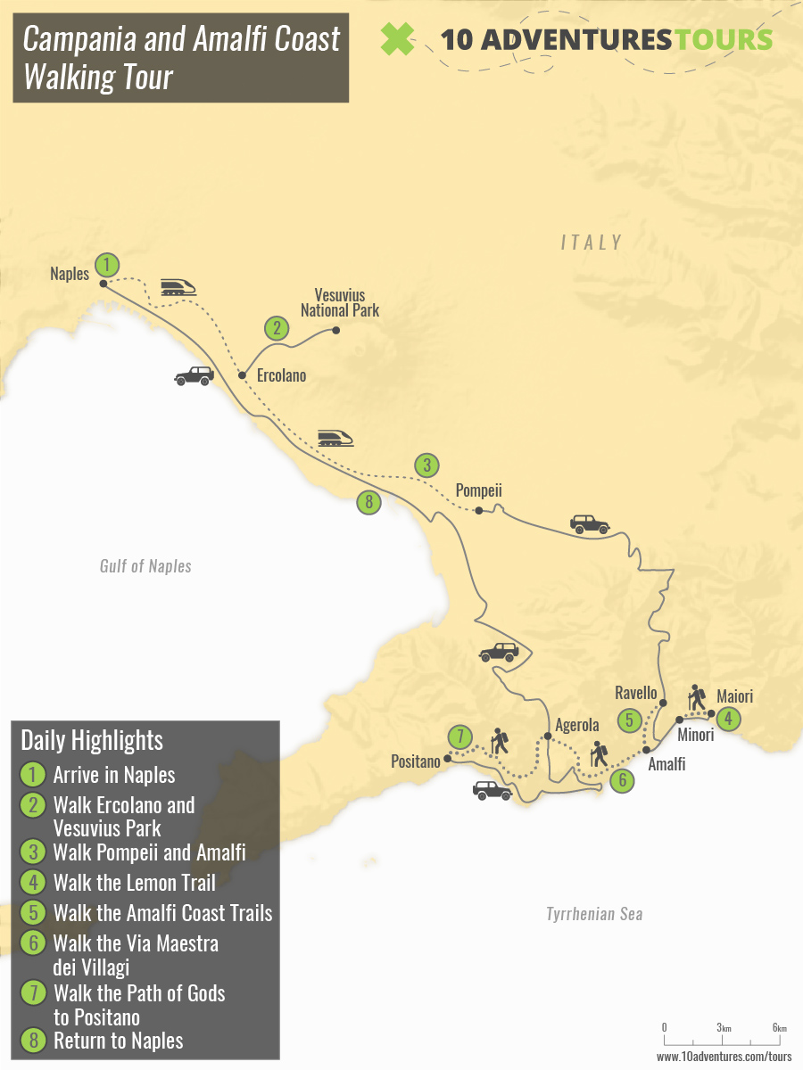 Map of Campania and Amalfi Coast Walking Tour