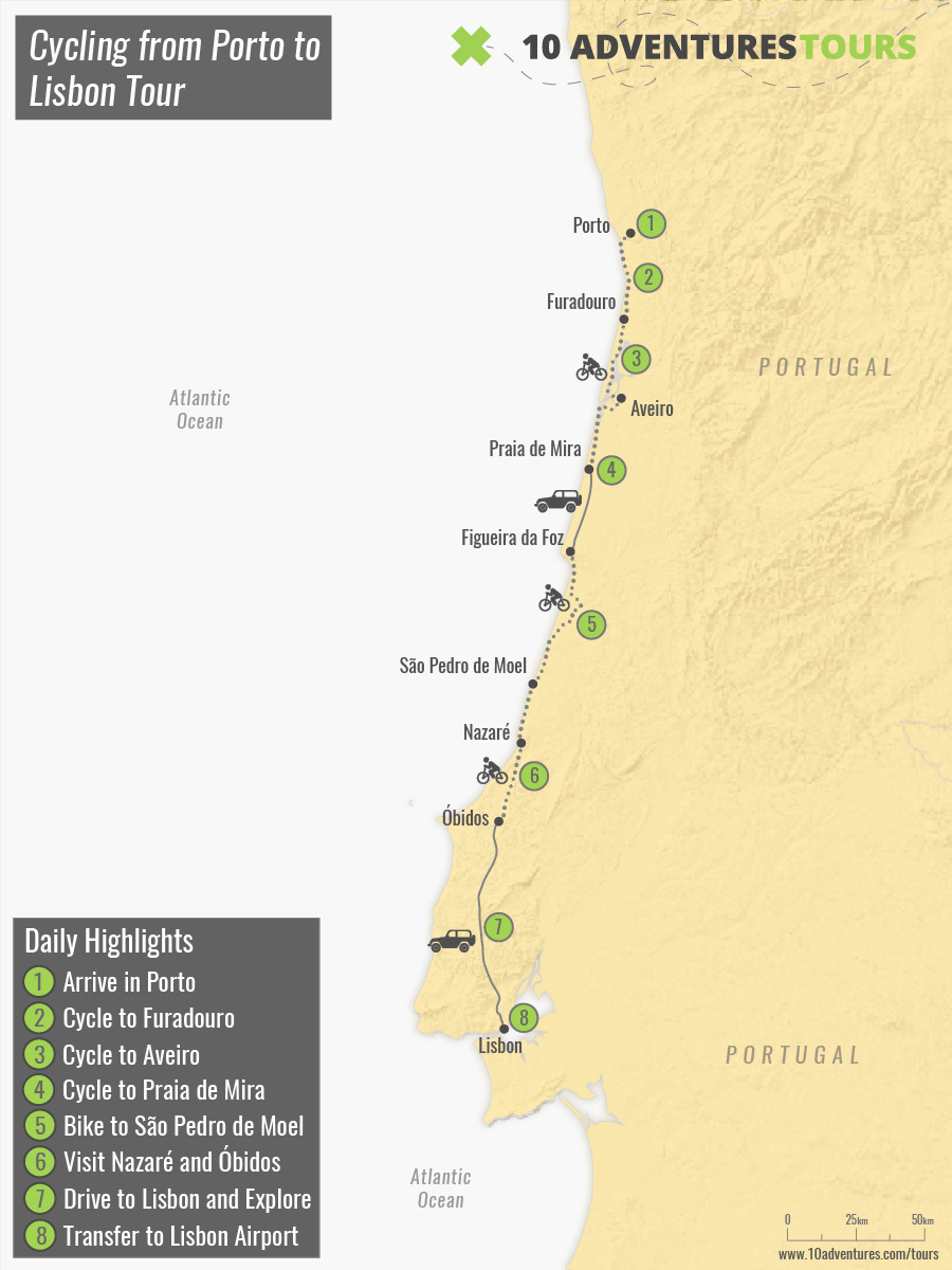 Map of Cycling from Porto to Lisbon Tour