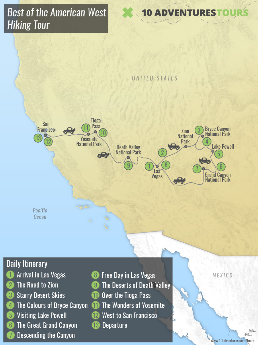 Map of Best of the American West Hiking Tour