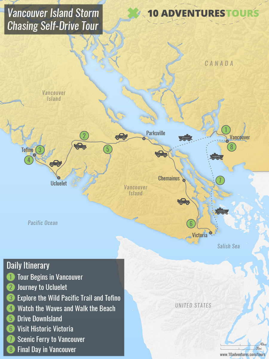Map of Vancouver Island Storm Chasing Self-Drive Tour