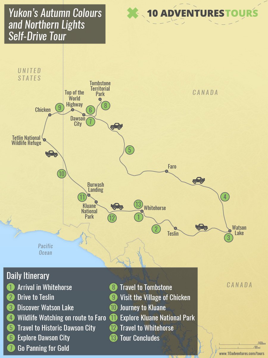 Map of Yukon’s Autumn Colours and Northern Lights Self-Drive Tour