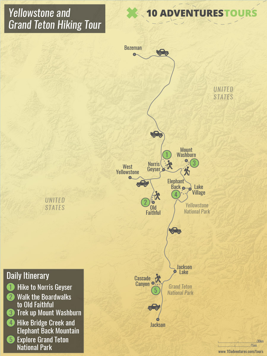 Map of Yellowstone and Grand Teton Hiking Tour