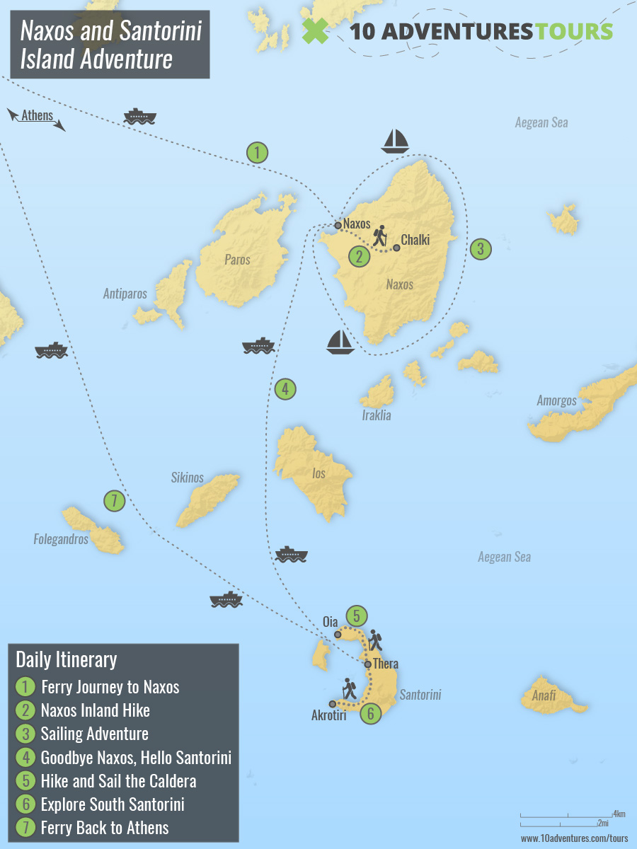 Map of Naxos and Santorini Island Adventure