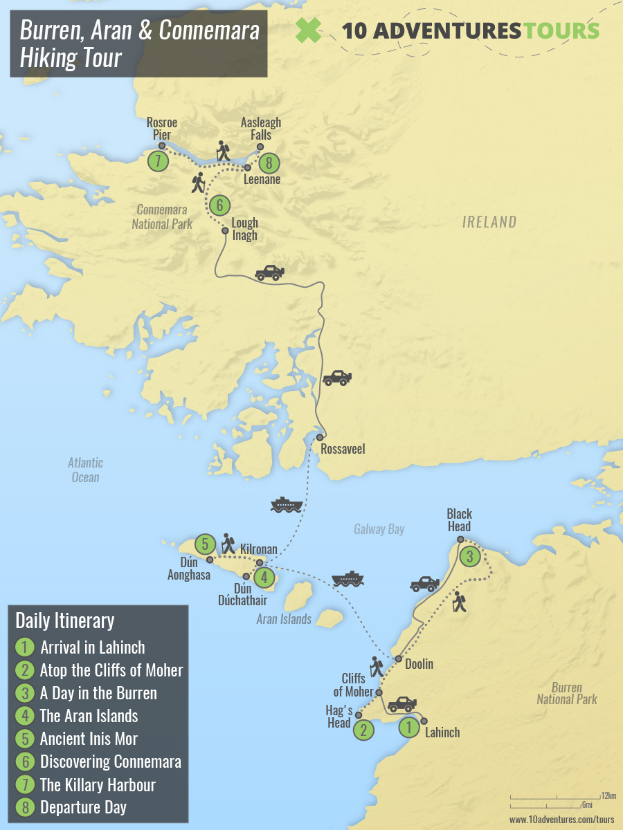 Burren, Aran, Connemara Hiking Tour Route Map