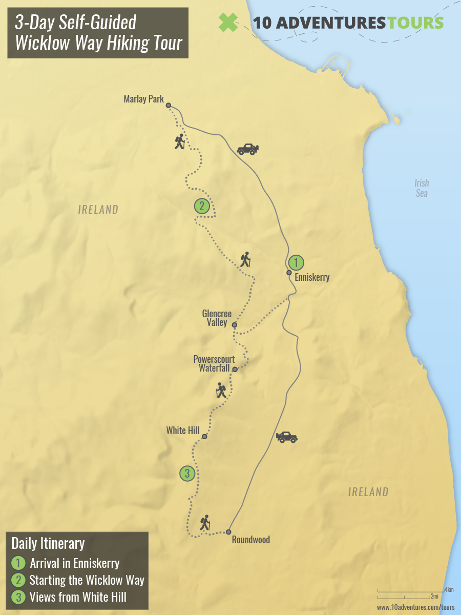 Route of 3-Day Self-Guided Wicklow Way Hiking Tour