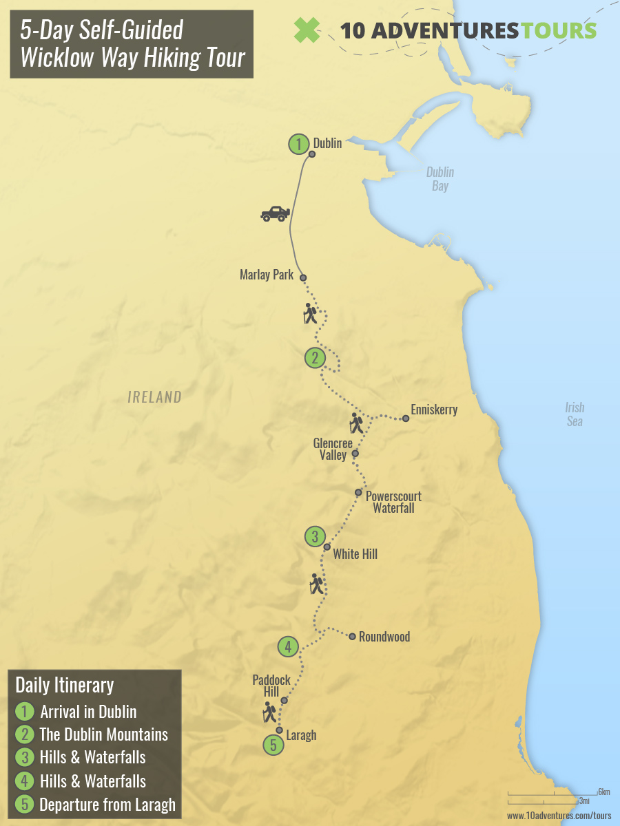 5-Day Self-Guided Wicklow Way Hiking Tour Route Map