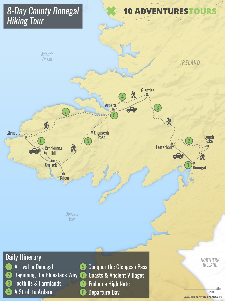 8-Day County Donegal Hiking Tour Route Map