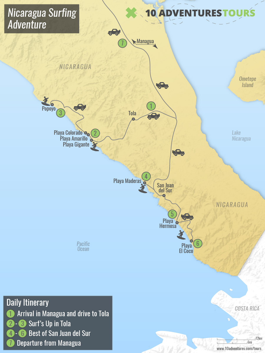 Nicaragua Surfing Adventure Tour Map