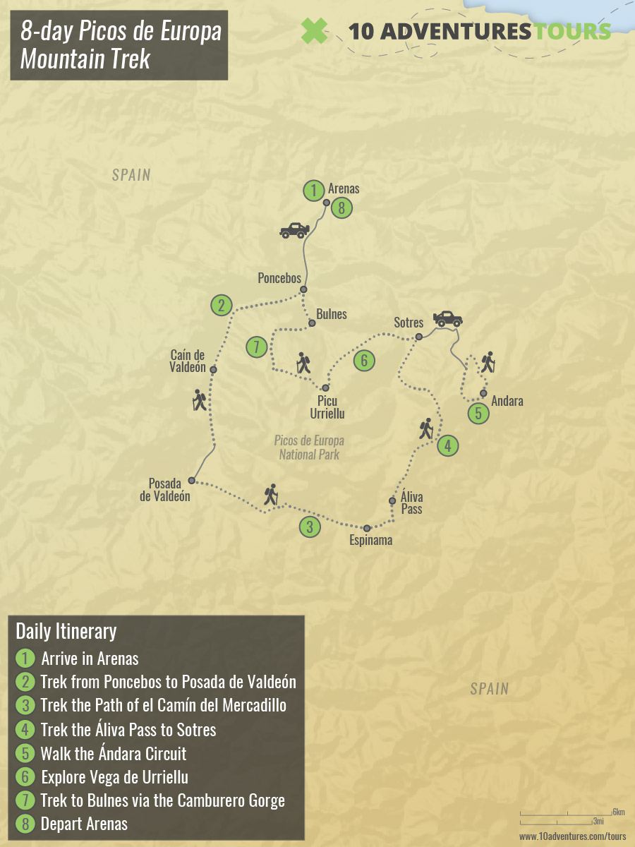 8-day Picos de Europa Mountain Trek Tour Map