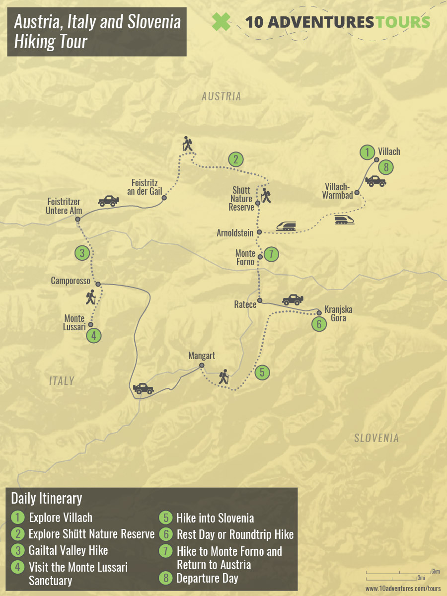 Map of Austria, Italy and Slovenia Hiking Tour