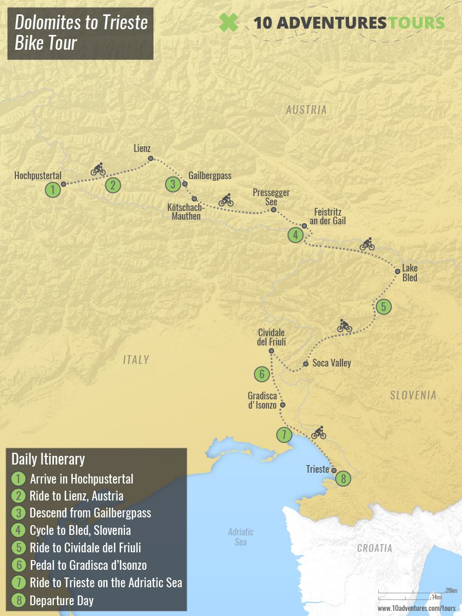Map of Dolomites to Trieste Bike Tour
