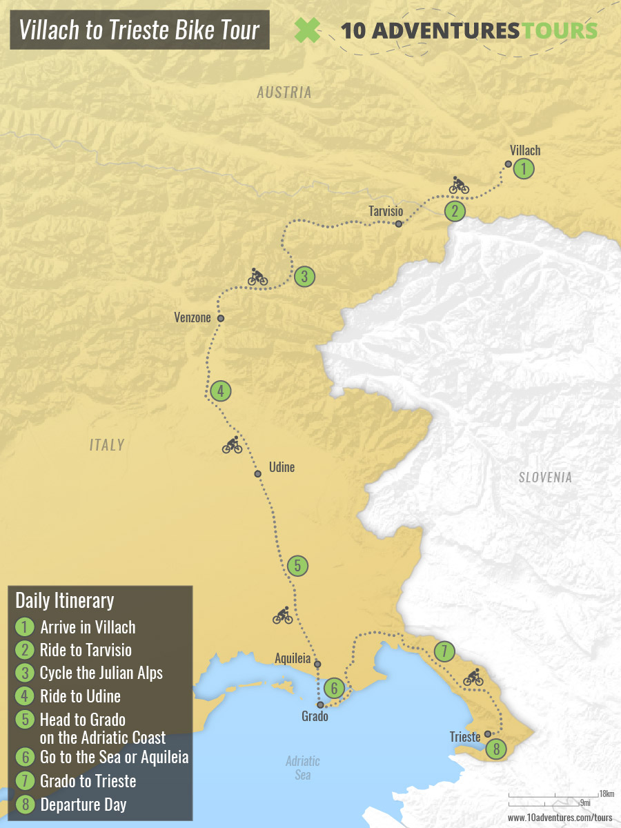 Map of Villach to Trieste Bike Tour