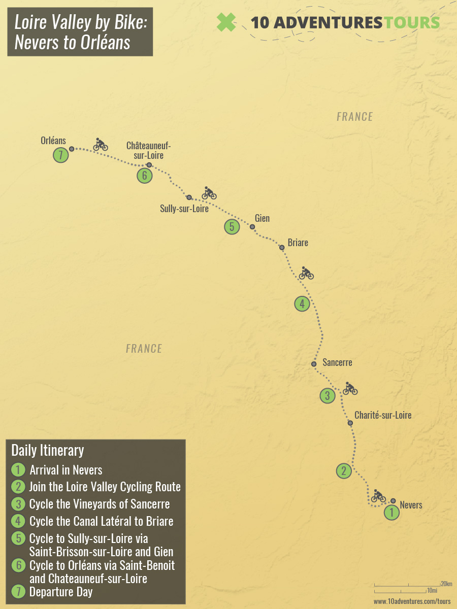 Map of Loire Valley by Bike-Nevers to Orléans Tour