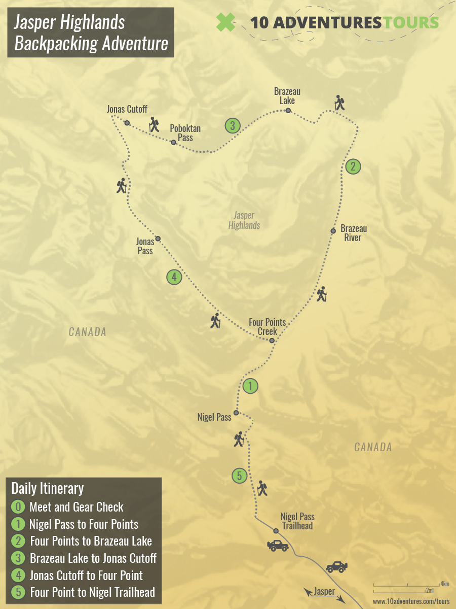 Map of Jasper Highlands Backpacking Adventure Tour