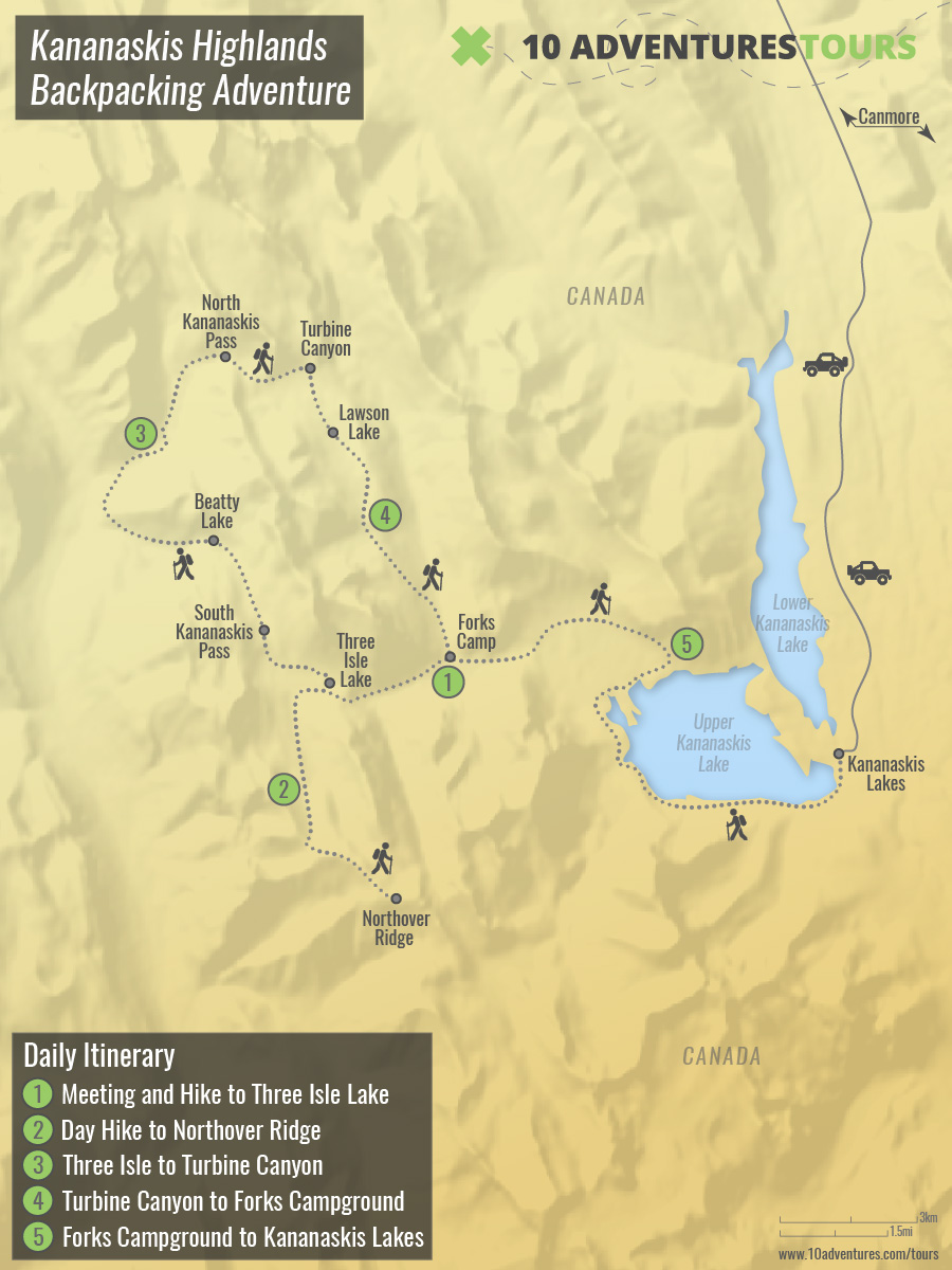 Map of Kananaskis Highlands Backpacking Adventure Tour