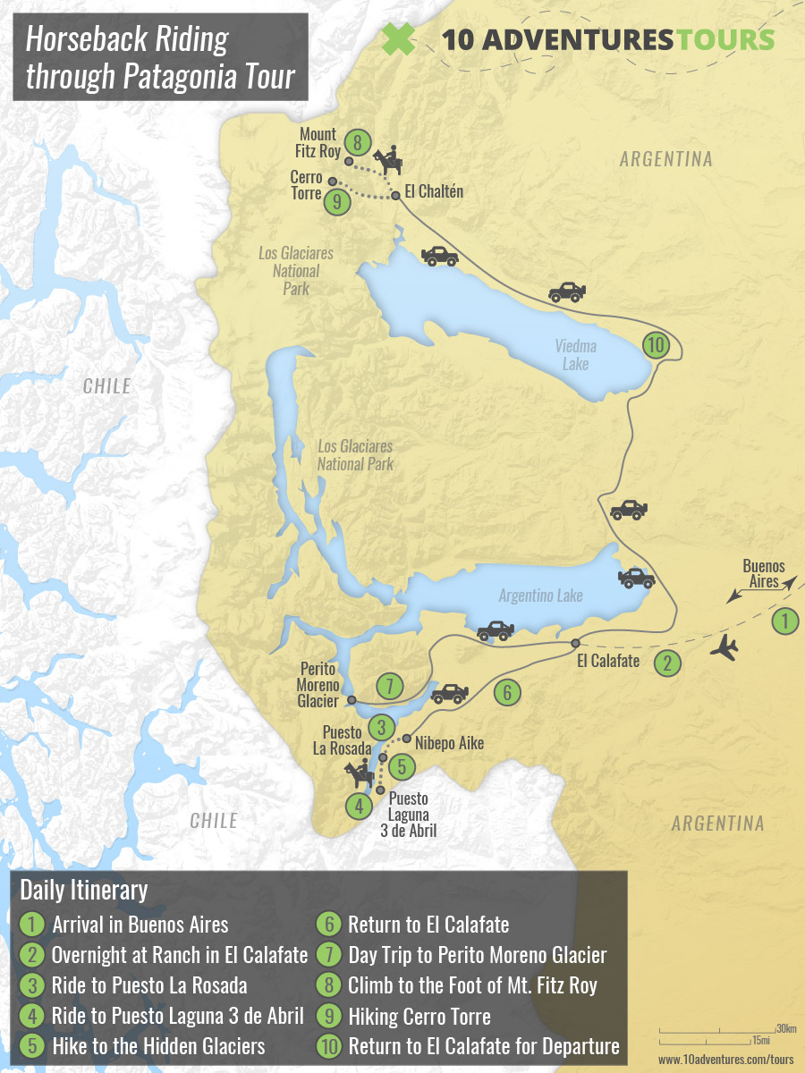 Map of Horseback Riding through Patagonia Tour