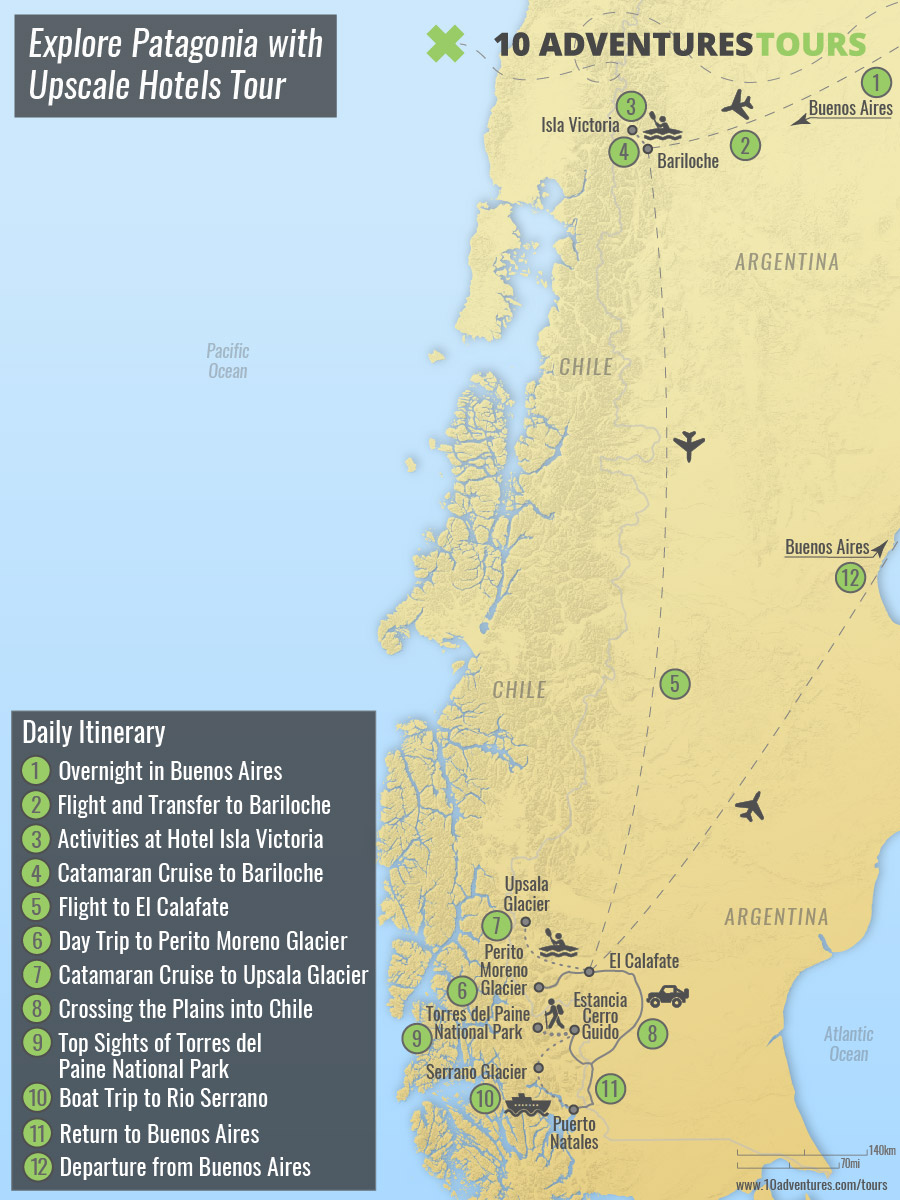 Map of Explore Patagonia with Upscale Hotels Tour