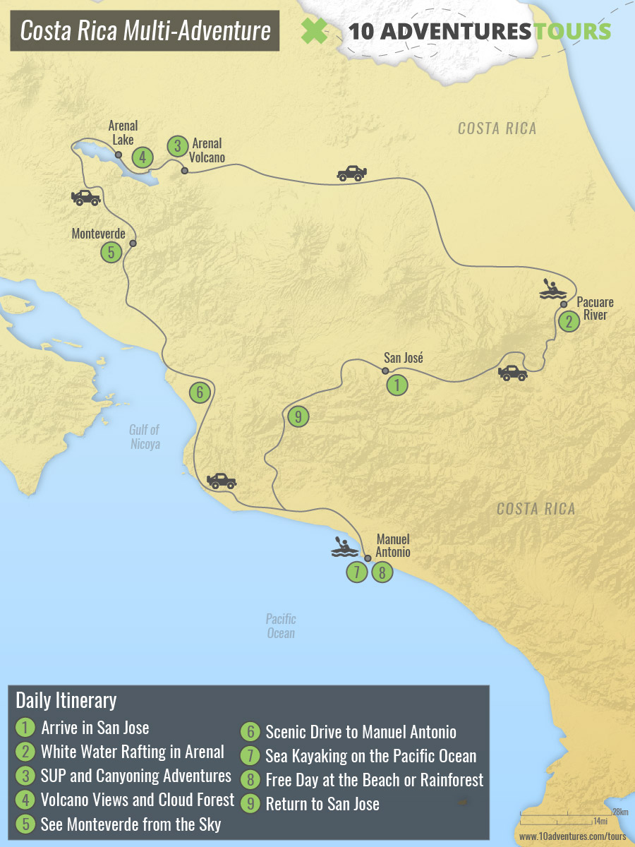 Map of Costa Rica Multi-adventure Tour
