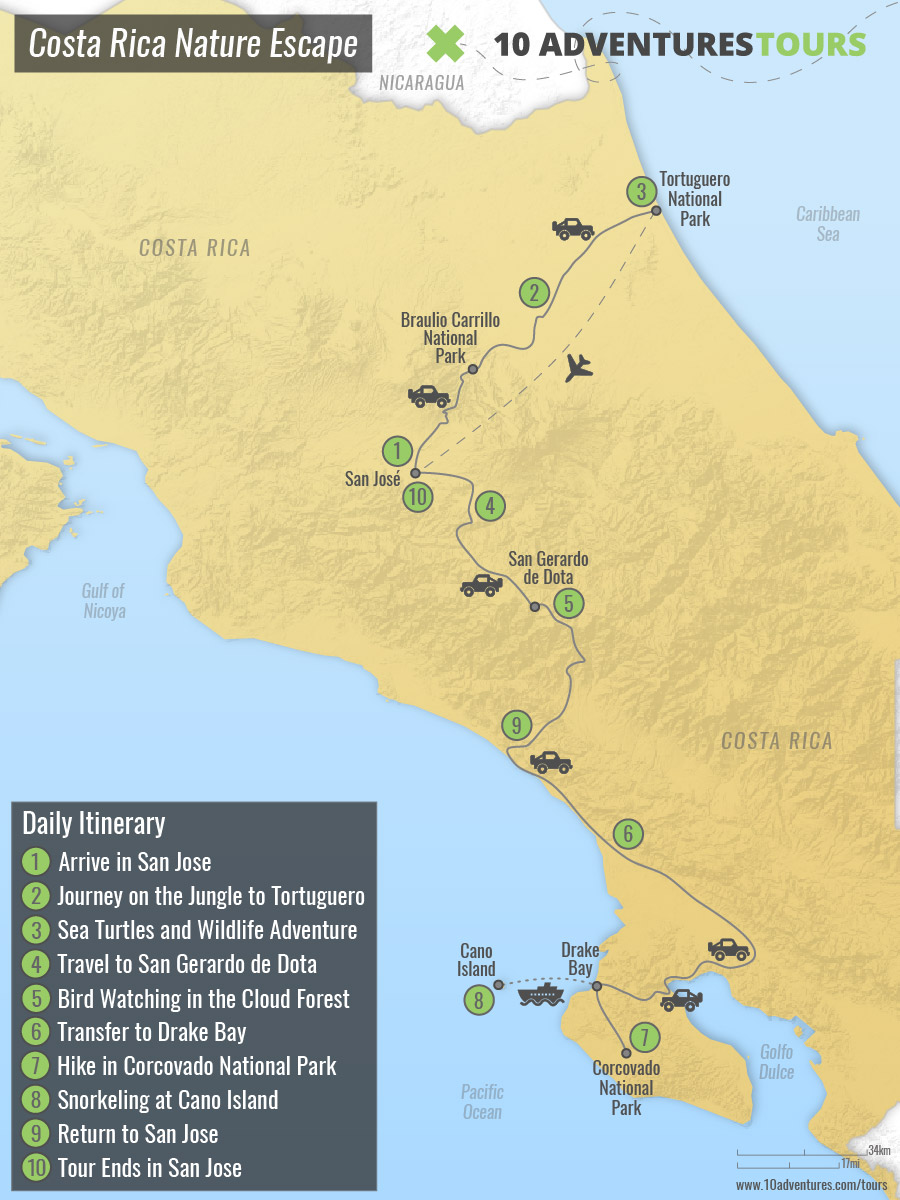 Map of Costa Rica Nature Escape Tour