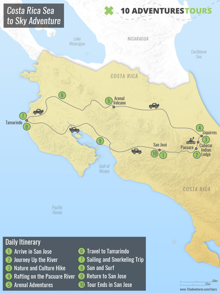 Map of Costa Rica Sea to Sky Adventure Tour