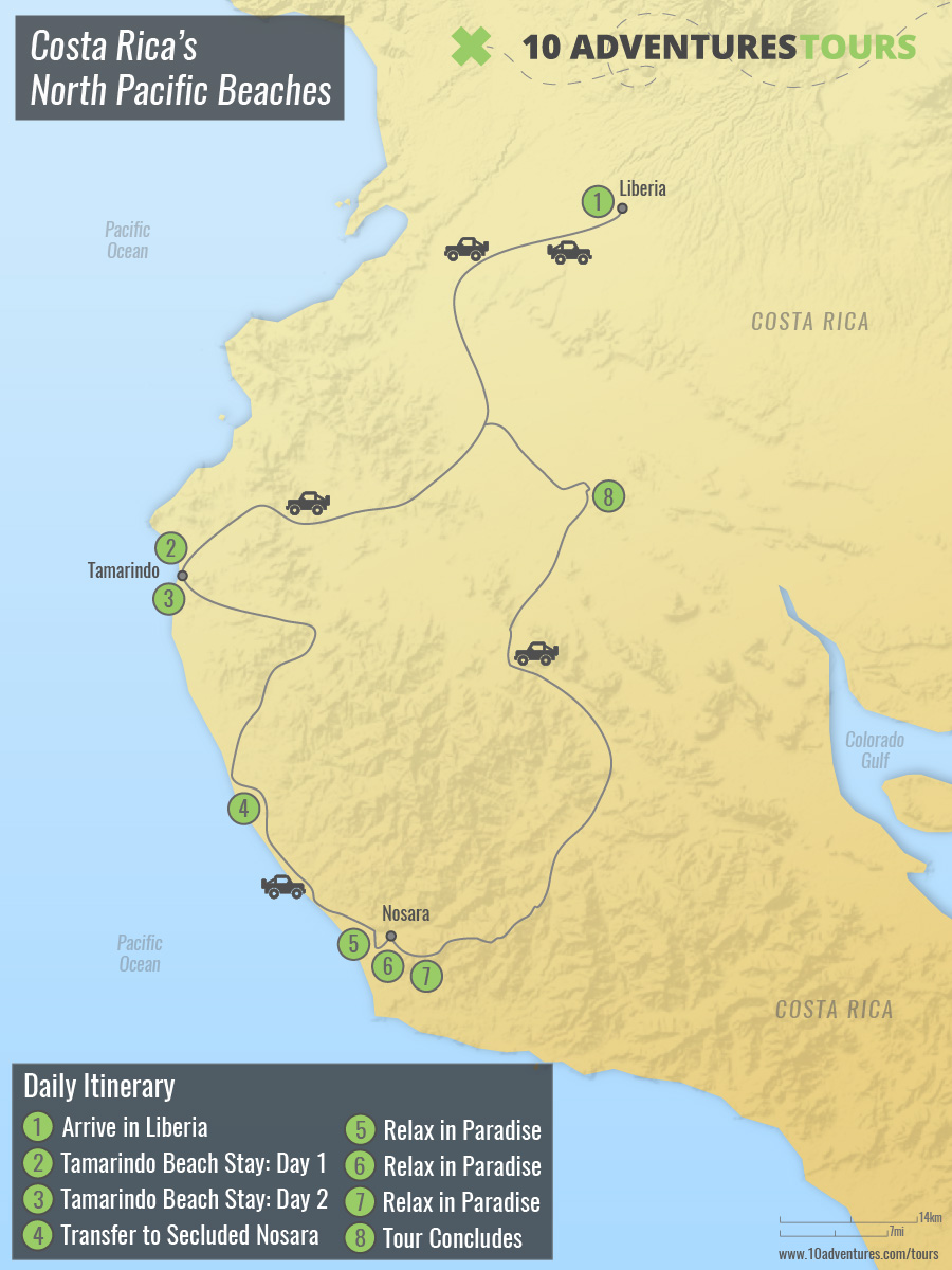 Map of Costa Rica’s North Pacific Beaches Tour