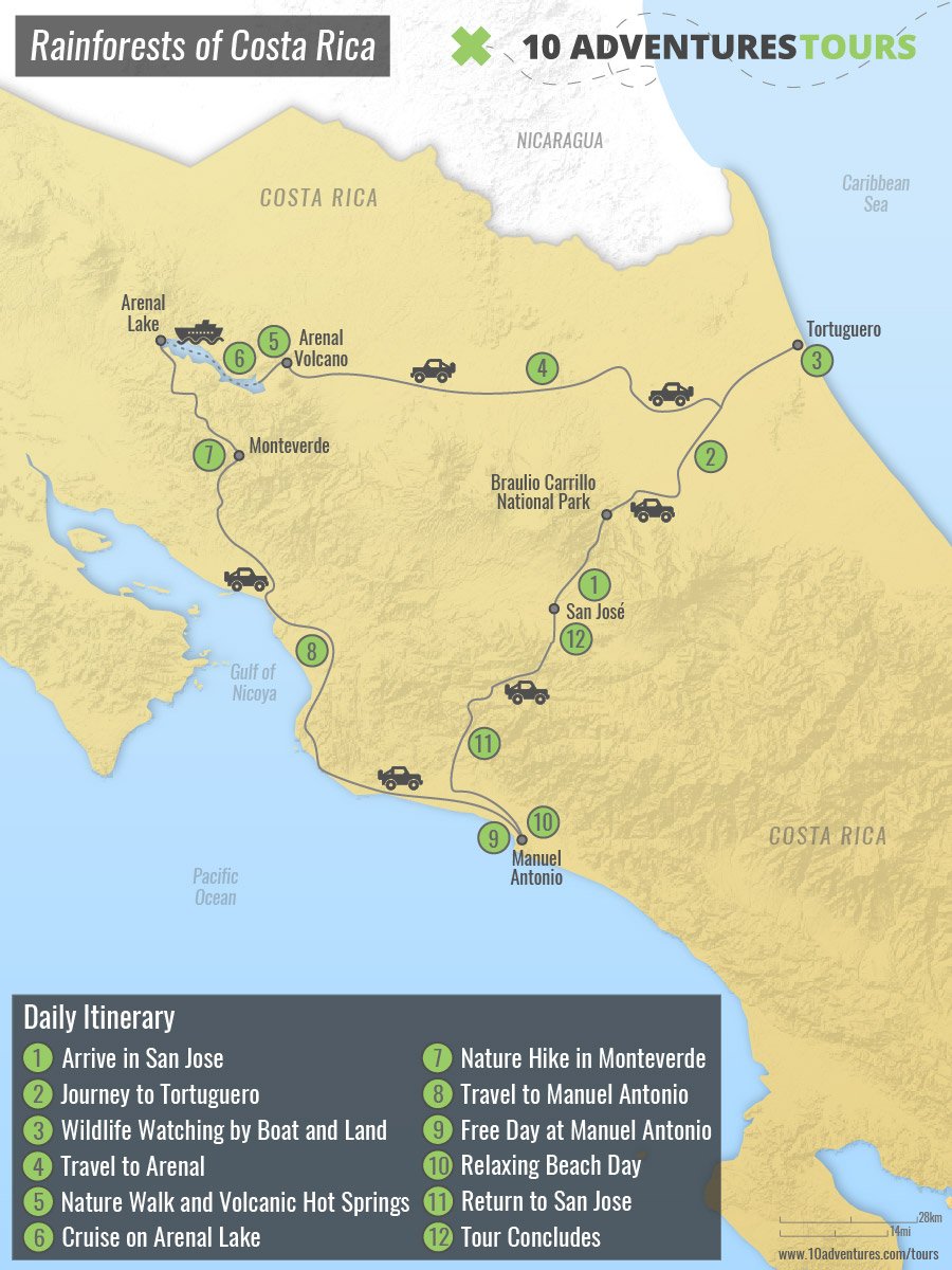 Map of Rainforests of Costa Rica Tour