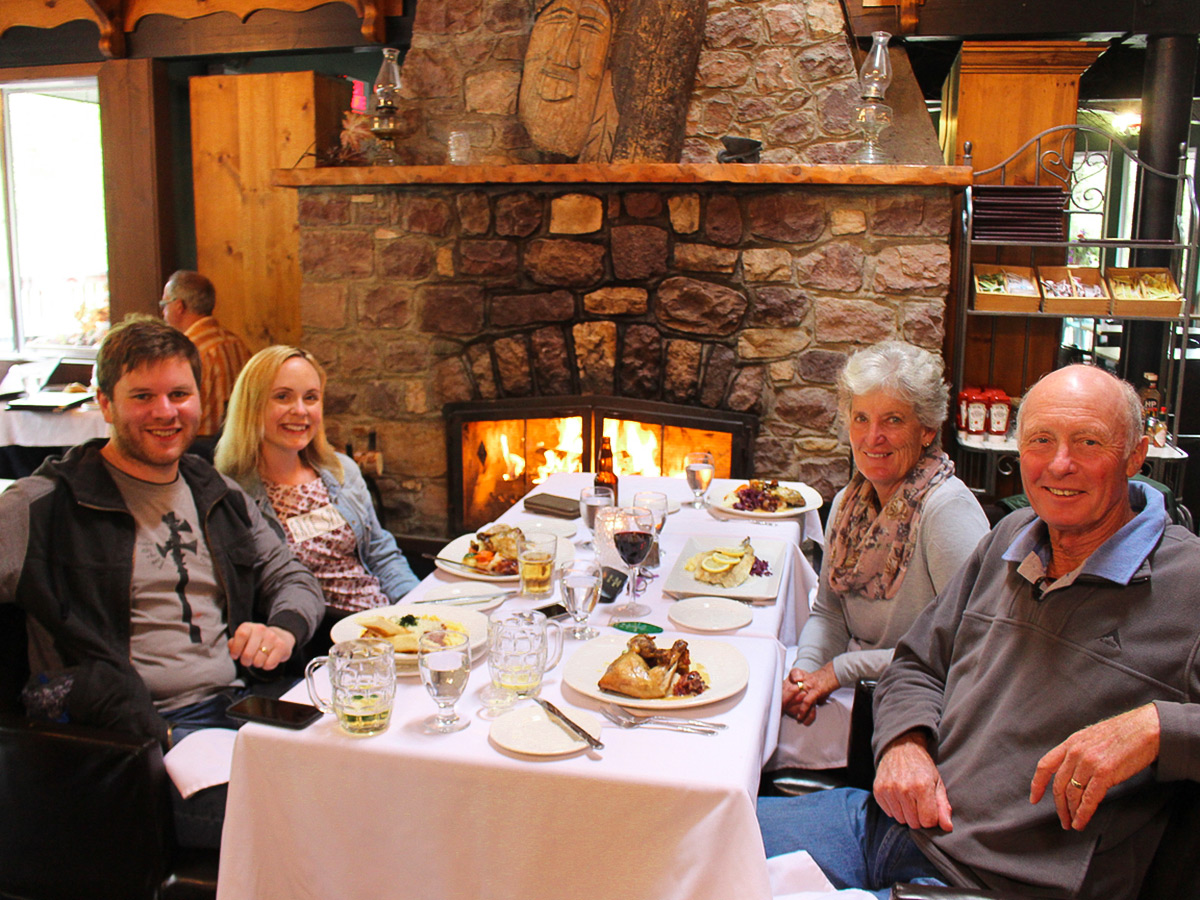 Dinner time in the restaurant on guided cycling tour from Jasper to Banff in Canada