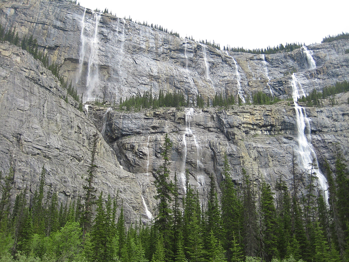 Land of waterfalls along guided cycling tour from Jasper to Banff in Canada